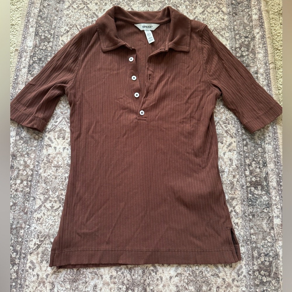 SPANX Brown Ribbed Polo Button Short Sleeve Top